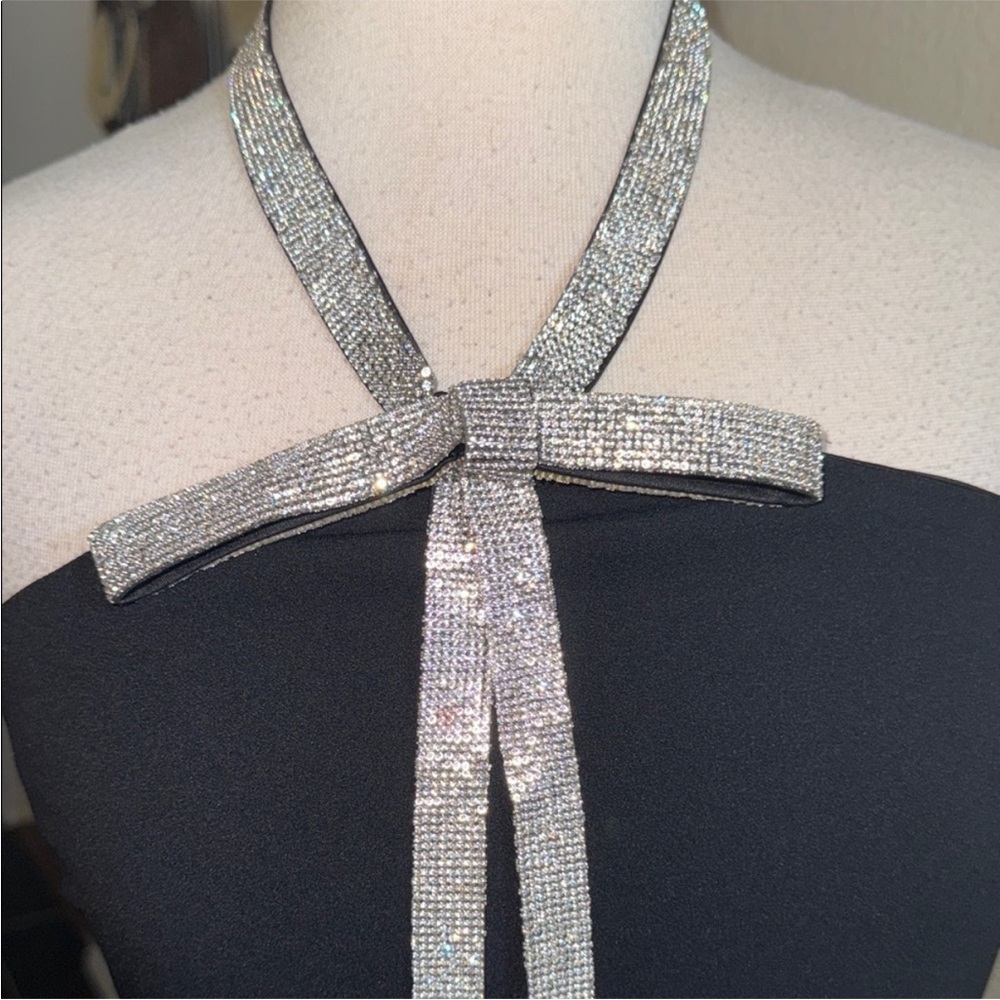 Badgley Mischka Black Strapless Midi Dress with Silver Halter Tie - Picture 11 of 11